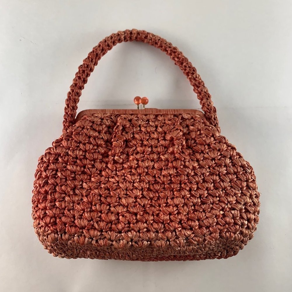 Walborg Vintage Coral Woven Straw Snap Top Handbag